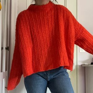 Aerie Boxy Cropped Mock Neck Knit Sweater Neon Orange!
